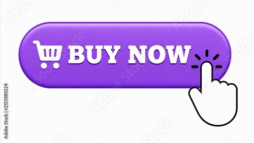 Purple buy now button with shopping cart icon and finger pointing to click