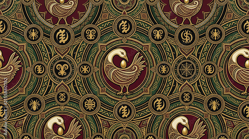 Intricate sankofa bird and adinkra symbols create a seamless african pattern for textiles.