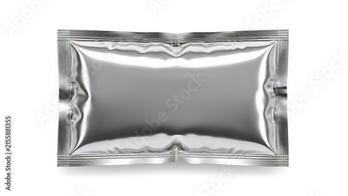 Small silver metallic food sachet packaging mockup isolated on white background