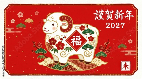 2027年中国农历新年春节喜庆贺年红色背景设计，祥瑞羊年生肖插画，金色祥云梅花竹叶松树与福字装饰，传统东方节日新春祝福海报，春节庆典贺卡与社交媒体横幅素材，富贵吉祥团圆纳福主题，中国新年文化元素，适合2027羊年节庆宣传与商业设计，品牌营销与节日广告视觉创意素材