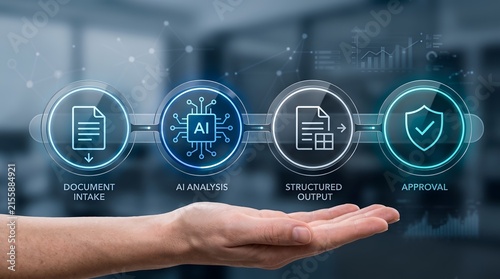 Plakat w ramie Automated data workflow process displaying hand holding glowing cognitive computing interface for document analysis