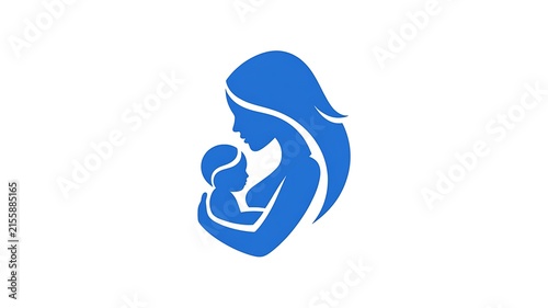 Minimalist Blue Icon Illustration Featuring a Caring Mother Gently Holding Her Newborn Baby