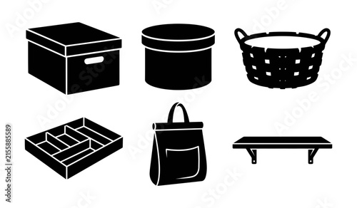 Black silhouette collection of home storage items boxes baskets and organizational containers