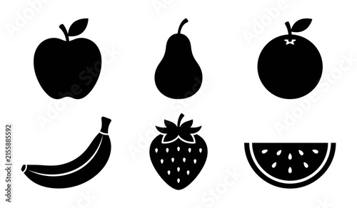 Set of fresh fruit icons including apple pear orange banana strawberry and watermelon slice