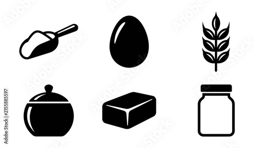 Baking ingredients and food preparation silhouette icons set with ingredients preparation culinary