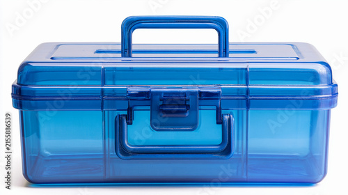 Blue transparent plastic storage box isolated on white background