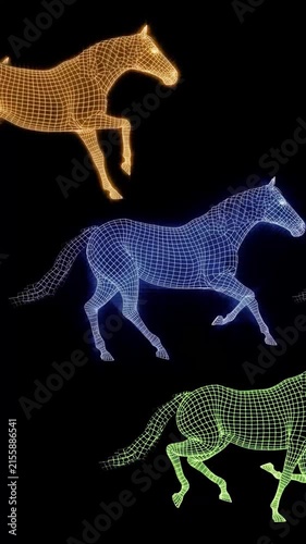Wireframe Horse Herd Running – Digital Mesh Animation. A dynamic visual of a herd of horses rendered in a wireframe mesh structure, galloping past the camera. The digital mesh effect gives the animals