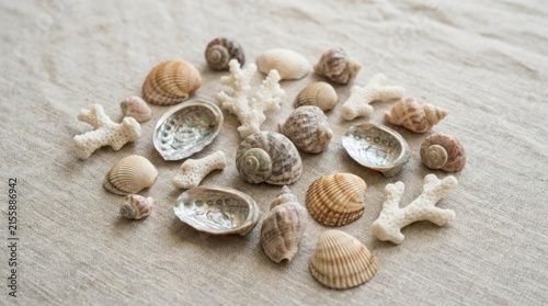 Assorted seashells and white coral pieces on beige fabric.