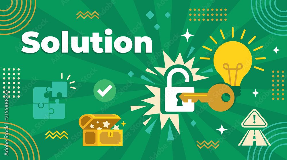 Fototapeta premium Solution concept with unlocked padlock, key, lightbulb, treasure chest and puzzle pieces on green background