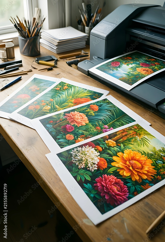Obraz premium Printed Botanical art on a wooden desk with a large format printer and art supplies, creative workspace concept, Botanical art prints colorful flowers and lush foliage are displayed on a rustic
