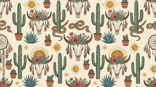 Boho desert seamless pattern with animal skulls, cacti, and dreamcatchers in a rustic style
