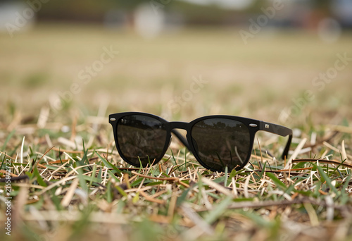 Black wayfarer style sunglasses resting on green and dry grass outdoors during a sunny day