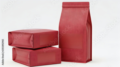 Red coffee bean bags and boxes for product packaging mockup isolated on white background