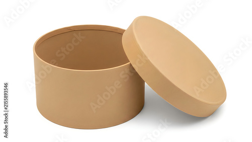 Open round cardboard gift box with lid isolated on white background