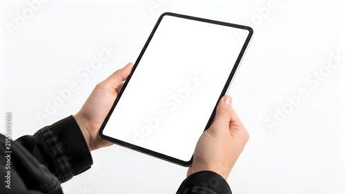 Person holding a blank tablet computer with empty screen isolated on white background