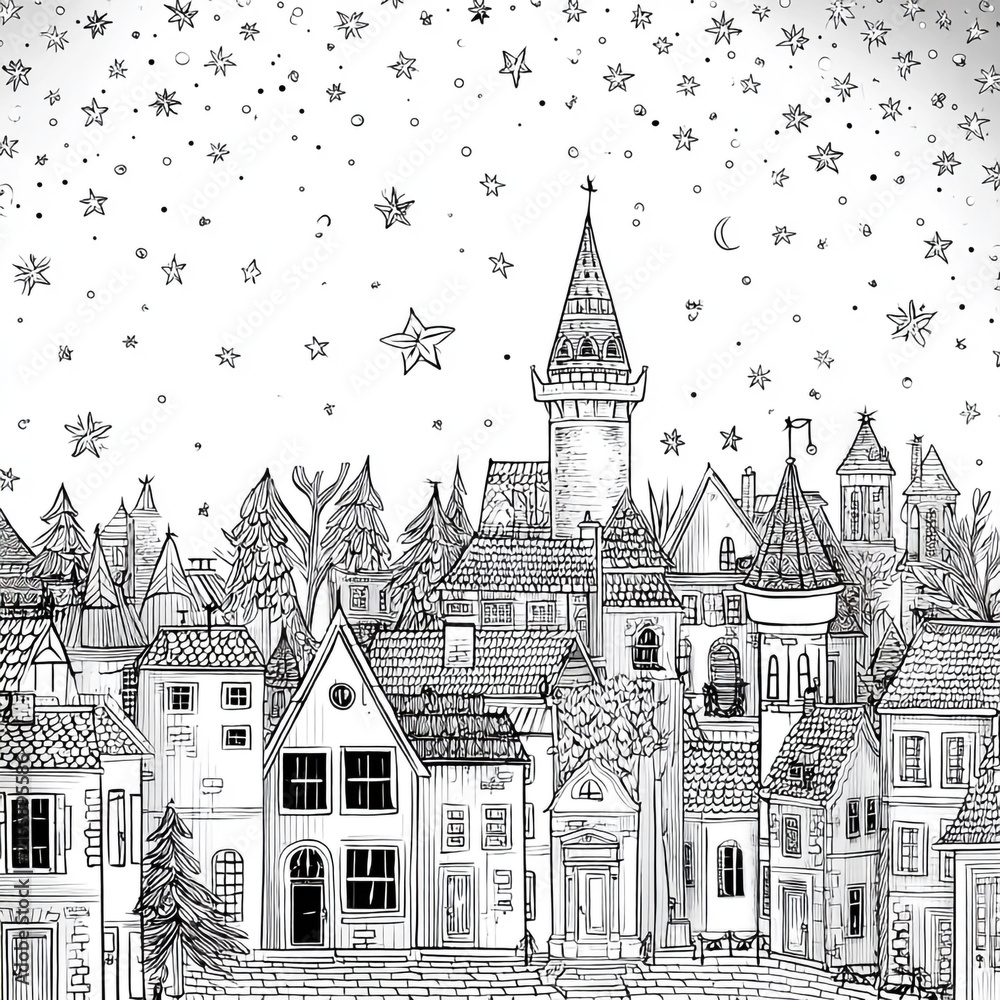Fototapeta premium Whimsical fantasy cityscape coloring book page featuring medieval buildings, charming houses, and starry skies in clean black and white line art style. 