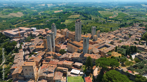 Cuadro en lienzo San Gimignano skyline medieval stone towers high aerial drone view over Tuscan c