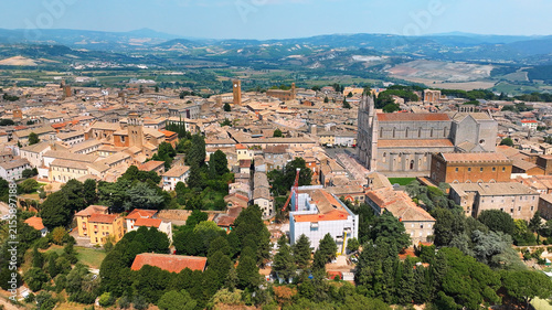 Bild auf Leinwand Orvieto Duomo cathedral close aerial drone view surrounded by historic terracott