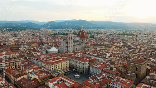 Bild auf Leinwand Florence aerial drone view with Duomo cathedral Santa Maria del Fiore Piazza del