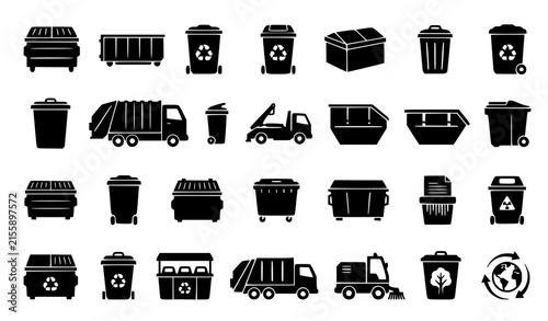 Garbage and Recycle Bin Icon Set with Dumpster, Trash Can, Waste Truck, and Container Symbols for Sanitation Designs