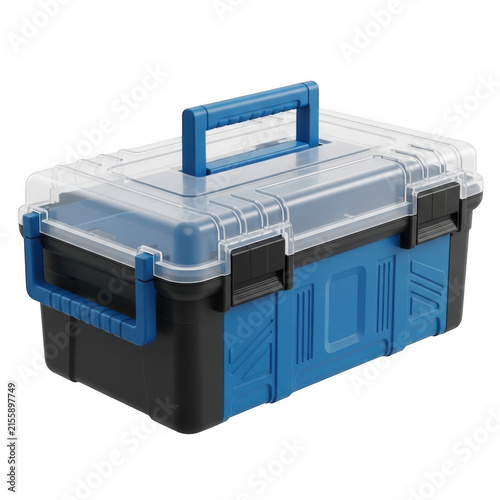 A blue and black plastic toolbox with a clear lid