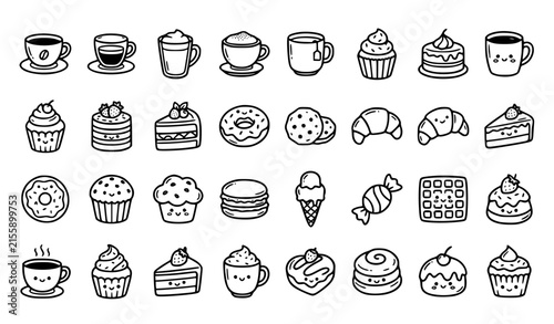 Bakery and Dessert Icon Set with Cupcake, Cookie, Croissant, Ice Cream, and Coffee Cup Symbols for Cafe Designs