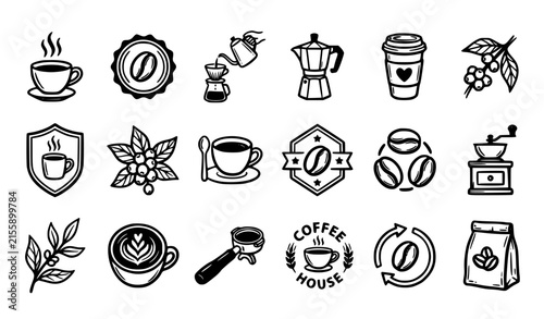 Coffee Shop Icon Set with Coffee Bean, Cup, Grinder, Moka Pot, and Coffee House Badge Symbols for Cafe Designs