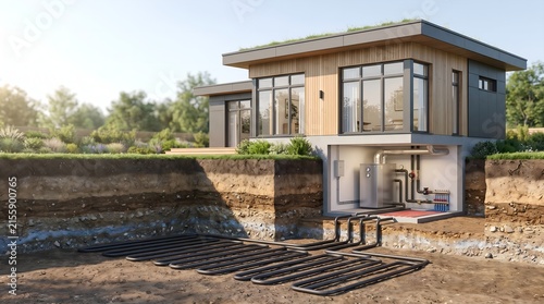 Geothermal heat pump system beneath a modern sustainable home with underground ground loops, clean landscaping and realistic residential heating and cooling infrastructure