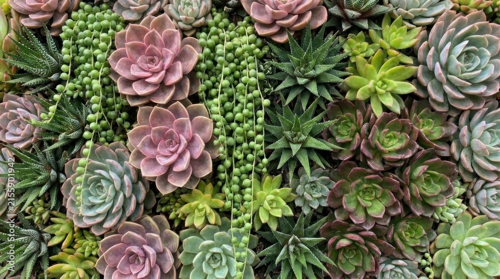 Fototapeta premium Assorted green and purple succulent plants in dense arrangement.