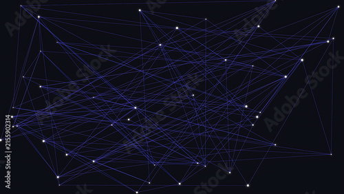 Dark blue digital binary code data network with glowing dots and connecting lines in deep space