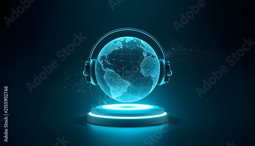 Futuristic AI customer support concept with glowing holographic globe and digital headset