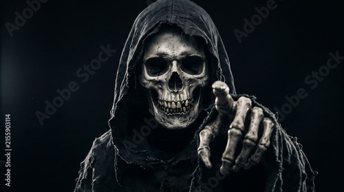 A chilling depiction of the grim reaper a harbinger of doom reaching out from the darkness embodying the spirit of halloween night