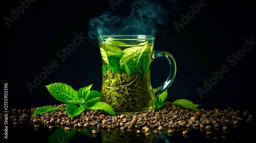 Green tea steams softly in a clear glass mug