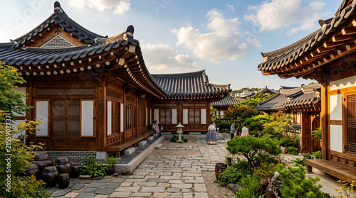 Traditional Korean Hanok Village Courtyard with People in Hanbok