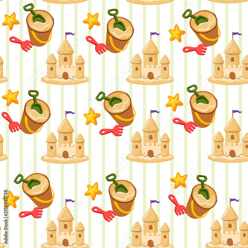 Seamless beach pattern with sandcastles, buckets, toy rakes. Striped background. Summer design for children's textiles, wallpaper and packaging