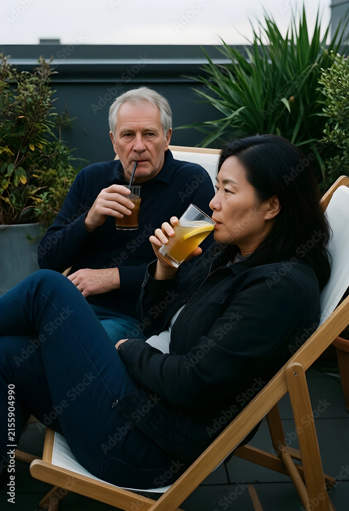 Fototapeta premium Mature couple relaxing outdoors on a rooftop terrace, enjoying refreshing drinks in a casual setting