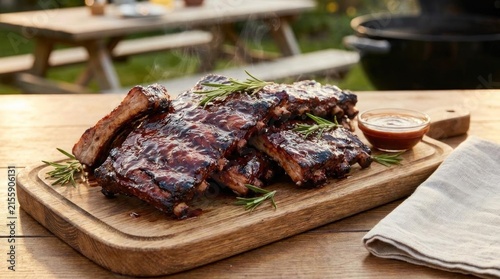 Glazed barbecue pork ribs on wooden serving board.