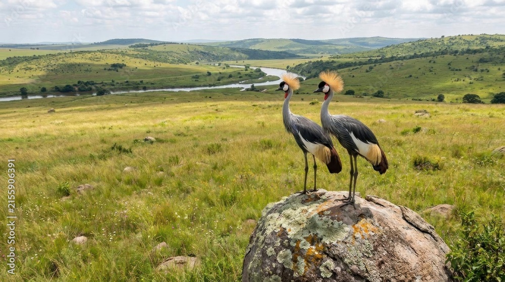 Obraz premium Grey crowned cranes standing on rock in African savanna.