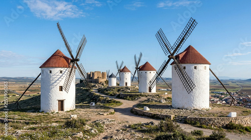 Traditional windmills on a hill under blue sky with castle ruins