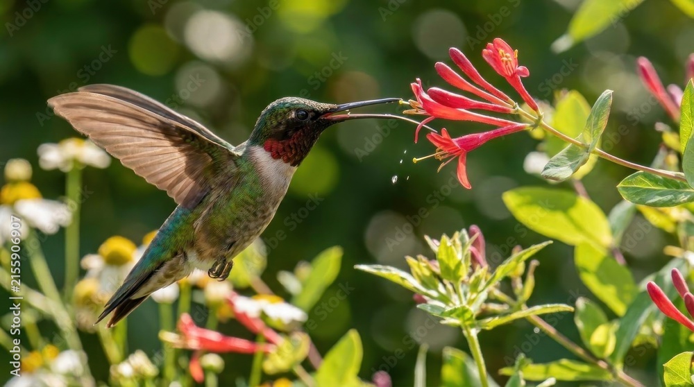 Obraz premium Hummingbird feeding on red flowers in a green garden.