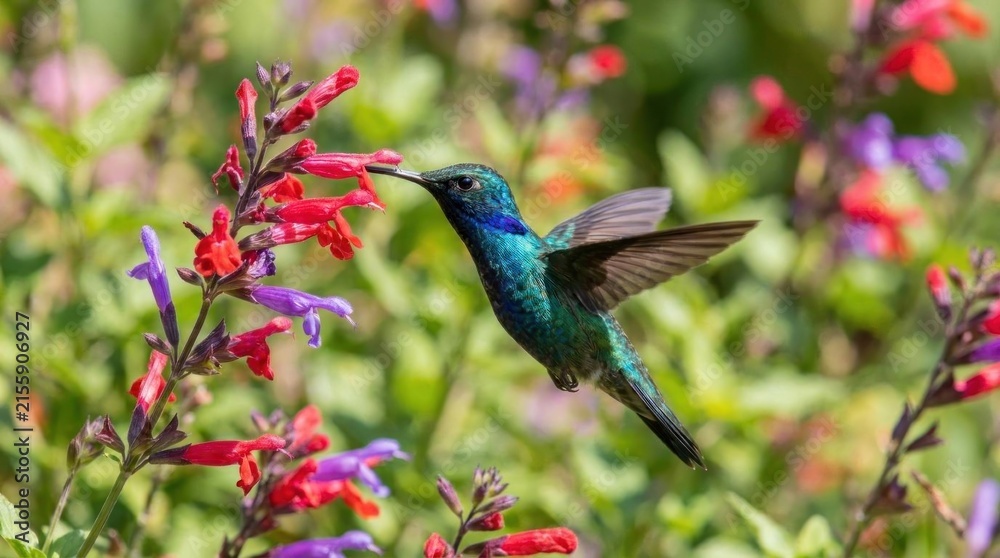 Naklejka premium Hummingbird hovering by pink flowers in garden.