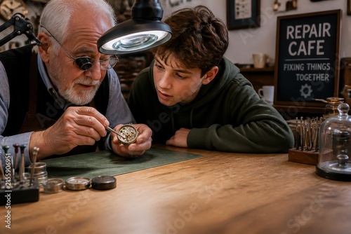 Elderly man teaching young boy watch repair at a repair cafe workshop, fostering learning and mentorship.
