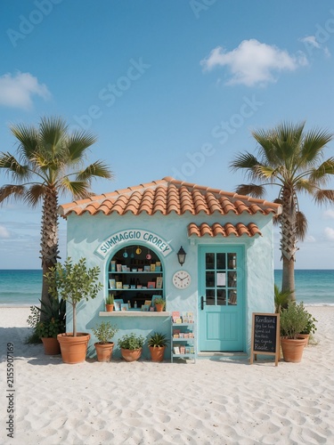 Idyllic Aqua Blue Beach Shop on White Sand Beach with Palm Trees and Ocean View