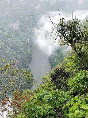 Sumidero Canyon in Chiapas mexico, boat tour, Canyon walls, lake, view point, photo stop, foggy