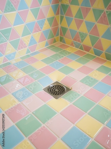 Pastel Geometric Tiles in a Shower Corner with Drain