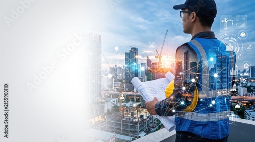 Civil engineer holding blueprints overlooking urban construction site with smart city network overlay showing connected buildings and infrastructure development project.