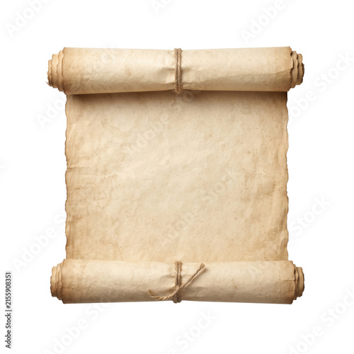 Old parchment paper scroll tied with rustic twine string