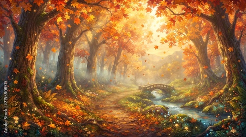 A picturesque autumn scene featuring a winding path lined with trees adorned in vibrant orange and red leaves. A small arched stone bridge crosses a gentle stream surrounded by lush ferns and wildflow