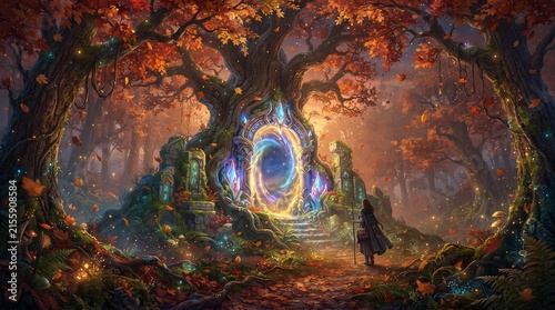 A fantastical scene in an autumnal forest features a mystical portal set into a large, ancient tree. The portal glows with bright blues and purples, creating an ethereal light against the rich red.
