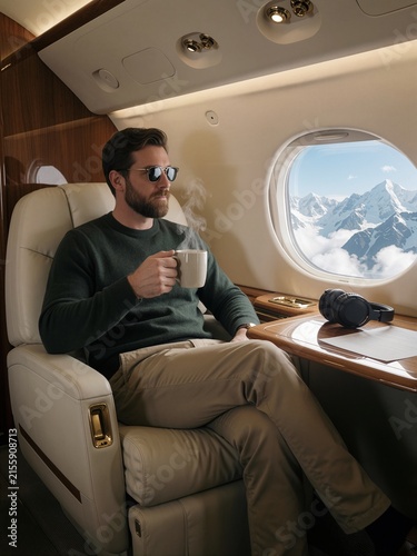 Man Relaxing with Coffee on Luxury Private Jet Flight with Mountain View